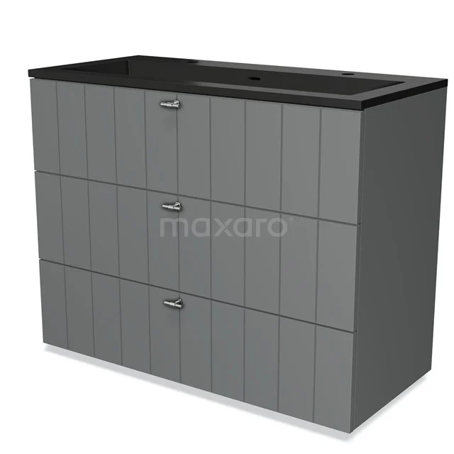 Grijze badkamermeubel met strakke lijnen, drie lades en zwart wastafelblad, ideaal voor moderne badkamerinrichting.