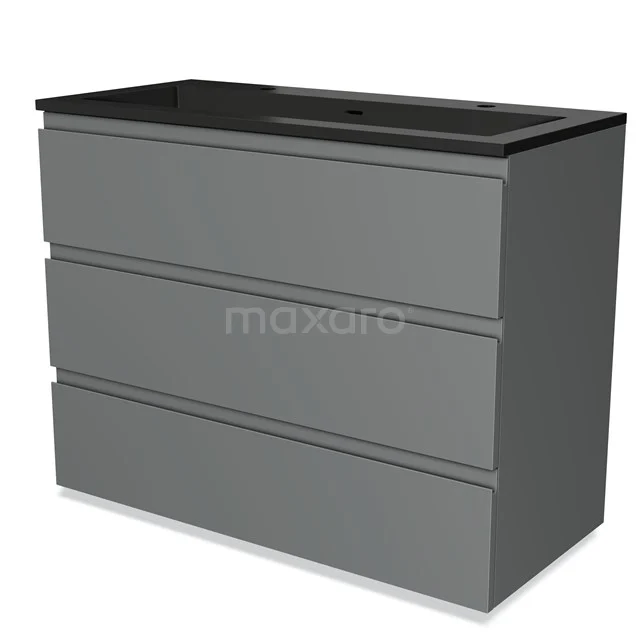 Grijze badkamermeubelset met drie lades, zwarte wastafelblad van keramiek, modern design voor functionele badkameropslag.