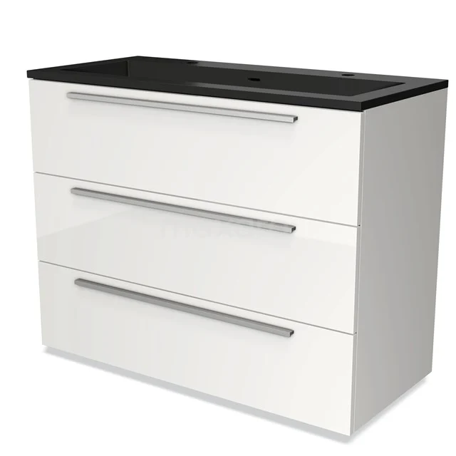 Witte badkamerkast met drie lades en een zwarte wastafel, modern design, ideaal voor stijlvolle badkameropslag.
