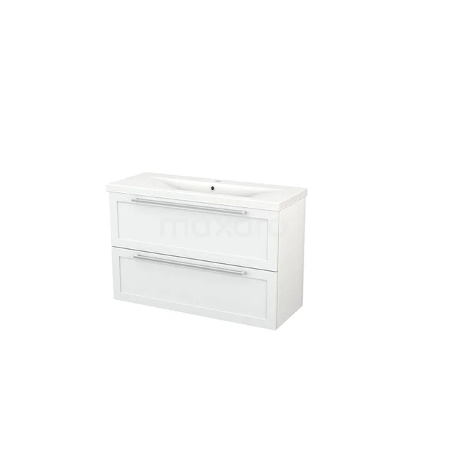 Modulo+ Slim Vanity units with basin | 100 cm High-gloss white Frame front Ceramic 2 Stacked drawers BMS000123 White bathroom unit with two drawers, modern look and integrated vanity units with basin made of ceramic; ideal for bathroom storage.