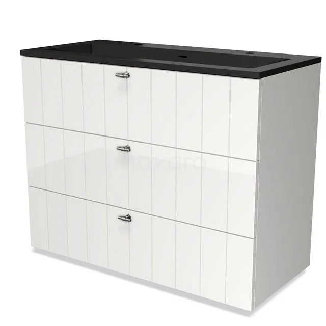 Modulo Vanity units with basin | 100 cm High-gloss white Slat front Quartz 3 drawers BMW19-02245 White Bathroom unit with black vanity units with basin, 3 wide drawers and vertical line structure; modern and functional design.