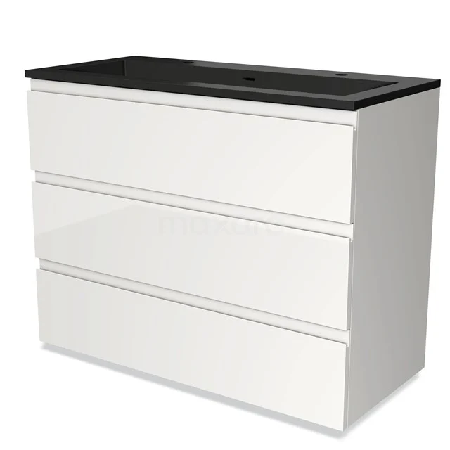 Wit badkamermeubel met drie lades en zwart wastafelblad, modern design, ideaal voor stijlvolle opbergen in de badkamer.