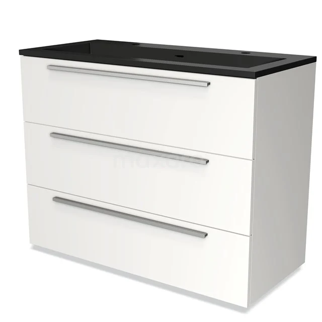Weißer Badschrank mit 3 Schubladen, schwarzer Platte aus schicker Holzoptik, ideal für moderne Badezimmerlagerung.