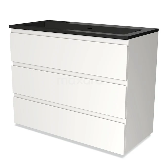 White bathroom unit with black ceramic basin worktop, sleek design with three drawers, ideal for modern bathrooms.