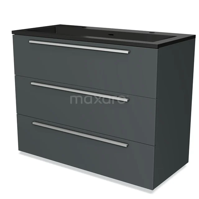 Donkergrijze badkamerkast met drie laden, strakke metalen handgrepen en zwart wastafelblad; modern en functioneel ontwerp.