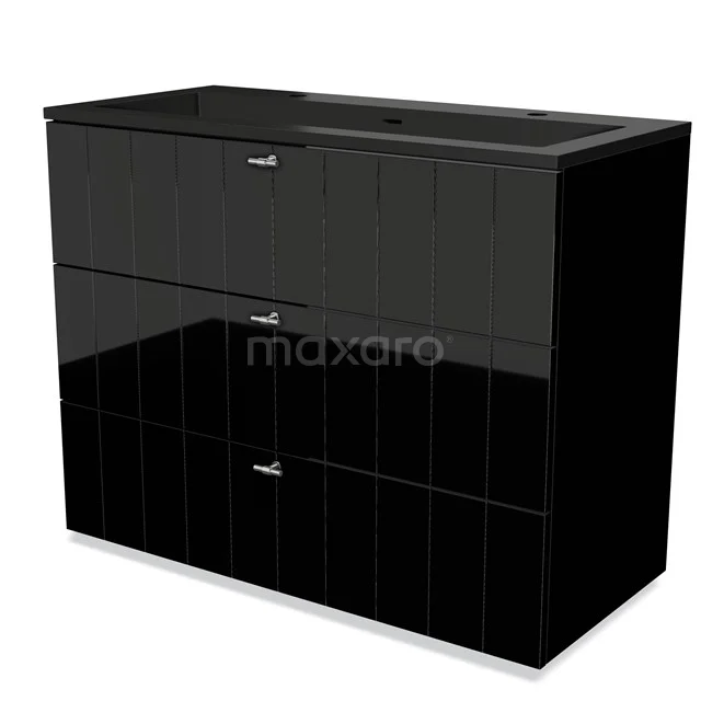 Schwarz, glänzendes Badmöbel mit einem klaren, modernen Erscheinungsbild und doppelter Schublade; perfekt für ein stilvolles Badezimmer.