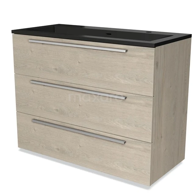 Houten badkamermeubel met drie lades, zwart wastafelblad en metalen handgrepen, ideale opberger voor een moderne badkamer.