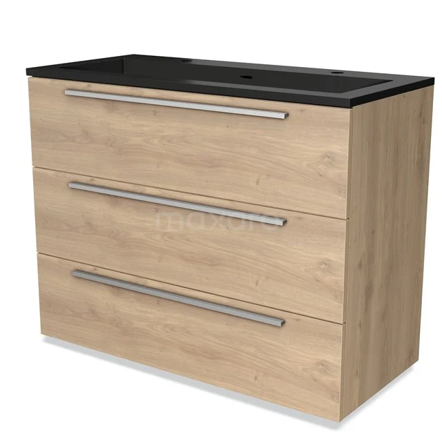 Houten badkamermeubel met zwarte wastafel, drie lades en metalen handgrepen; modern design voor stijlvolle badkameropslag.