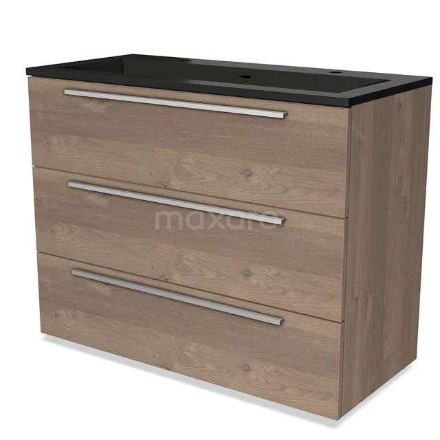 Houten badmeubel met drie lades, zwart wastafelblad, strak design voor een moderne badkamer.