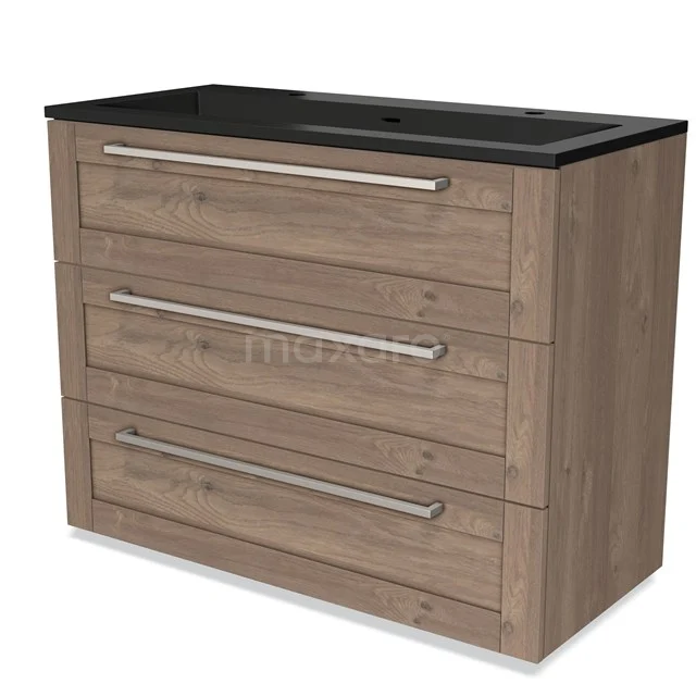 Modulo Waschtische | 100 cm Mittelbraune Eiche Rahmen front Quarz 3 Schubladen BMW19-02263 Holz Badezimmermöbel mit drei Schubladen und Schwarz Waschtischplatte, modernes Design mit metallischen Haltegriffen.