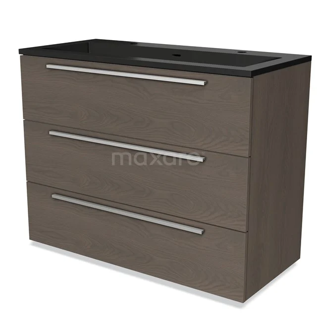 Modern bathroom cabinet with dark wood finish, black basin worktop and three metal handles. Stylish and functional design.