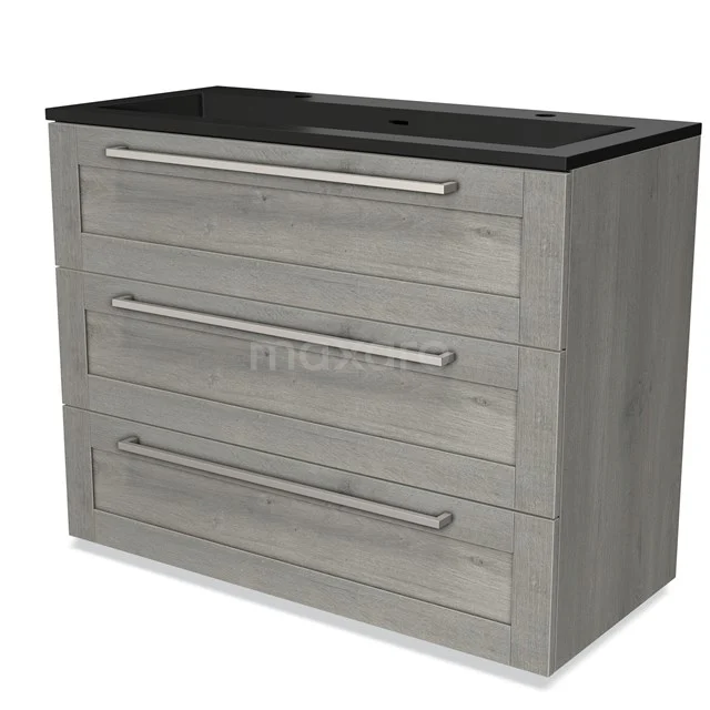 Modulo Vanity units with basin | 100 cm Grey oak Frame front Quartz 3 drawers BMW19-02267 Grey wooden bathroom unit with three drawers and black basin worktop, modern design for a stylish bathroom interior.