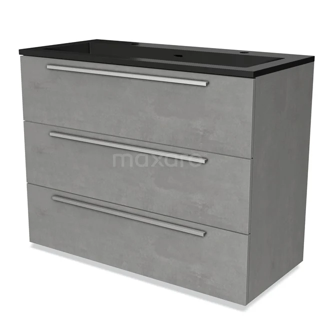 Grijze badkamermeubel met betonlook, drie lades en zwart wastafelblad, ideaal voor moderne badkamers.