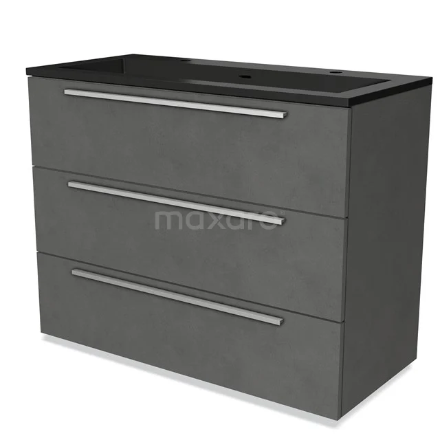Grijze badmeubelset met betonlook, drie lades en zwart wastafelblad, ideaal voor moderne badkameropslag.