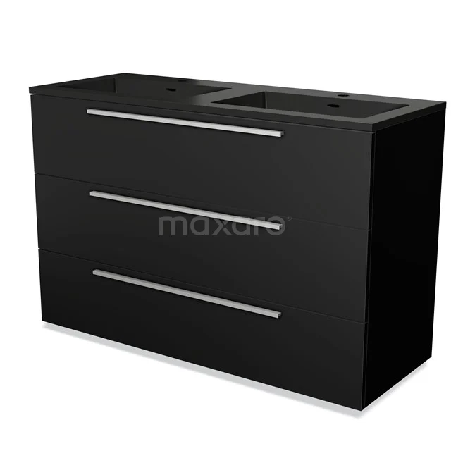 Modulo Bathroom furniture with sink | 120 cm Matte black Flat front Quartz 3 drawers BMW19-02270 Black double vanity unit with three wide drawers, sleek design and metallic handles, perfect for modern bathrooms.