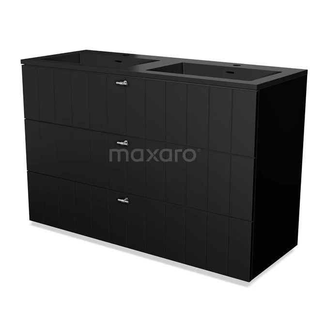 Black double vanity unit with clean lines, three drawers and modern design, ideal for stylish bathroom decor.