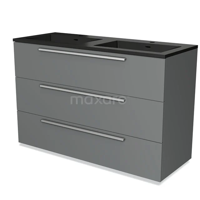 Grey bathroom unit with three drawers, black vanity units with basin and modern design, ideal for stylish bathroom storage.
