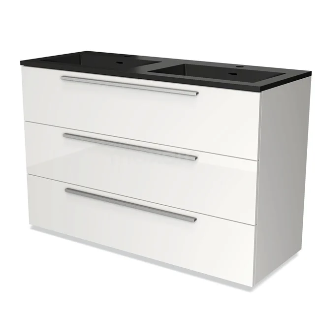 White bathroom furniture set with black basin worktop, three drawers and sleek handles; modern design for stylish bathroom convenience.