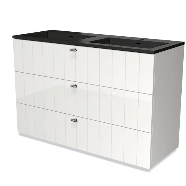 Modulo Bathroom furniture with sink | 120 cm High-gloss white Slat front Quartz 3 drawers BMW19-02277 White bathroom furniture set with black anthracite worktop, three spacious drawers and modern panels for stylish storage space.