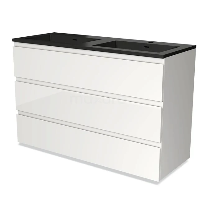 White bathroom unit with three drawers, black basin worktop and double sink; modern design, ideal for bathroom storage.