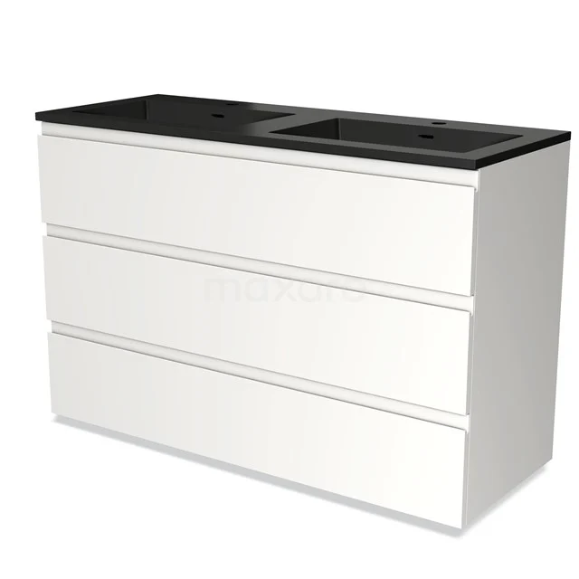 White bathroom unit with black double basin worktop, modern sleek design, three drawers, ideal for bathroom storage.