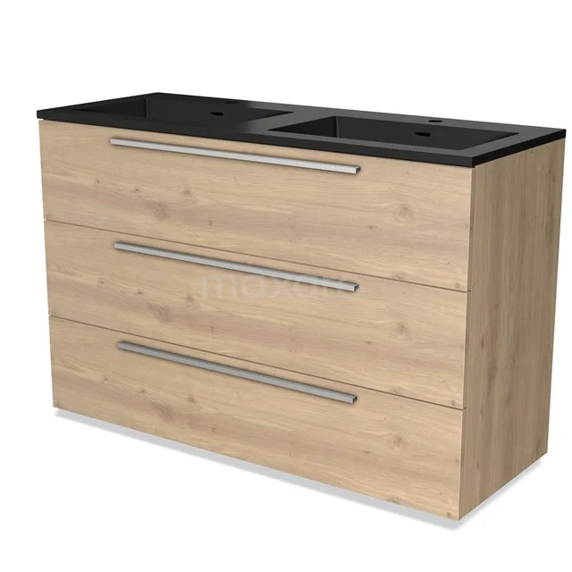 Wooden bathroom unit with black basin worktop, three drawers and sleek handles; modern design and practical storage space.