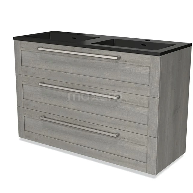 Grey wooden bathroom unit with double basin in black, three spacious drawers and modern handles.