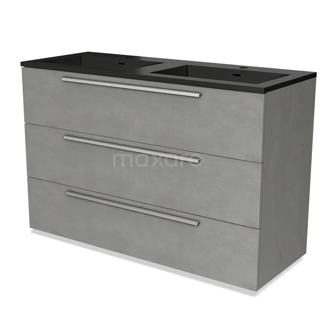 Grey vanity unit with three drawers, black double basin worktop, modern design for stylish bathroom design.