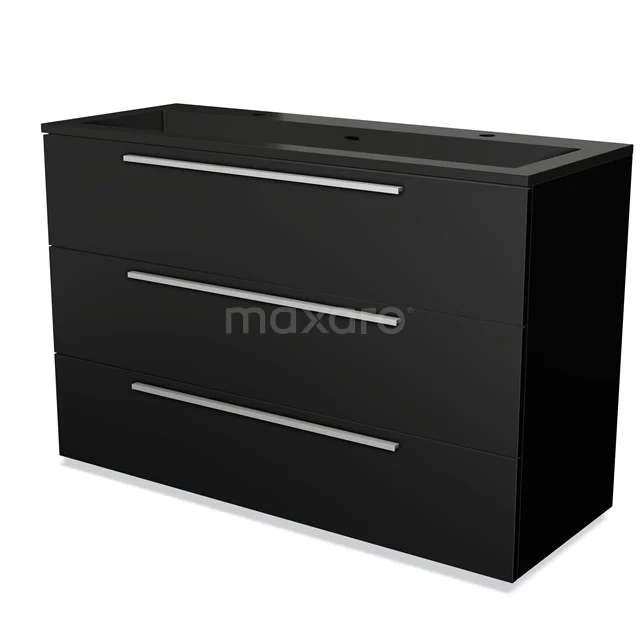 Black vanity unit with matte finish, three drawers and sleek design, ideal for modern bathroom fittings.