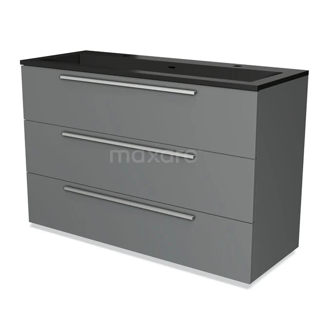 Grauer Badschrank mit drei Schubladen, schlichten Haltegriffen und schwarzer Waschtischplatte, moderne Ausstrahlung für jedes Badezimmer.