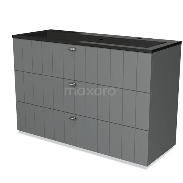 Grey bathroom cabinet with black basin, three drawers and modern panel design, ideal for stylish bathroom storage.