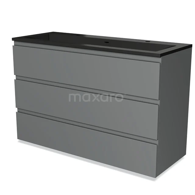 Grey bathroom cabinet with sleek drawers, black basin worktop, modern design. Perfect for stylish bathroom storage.