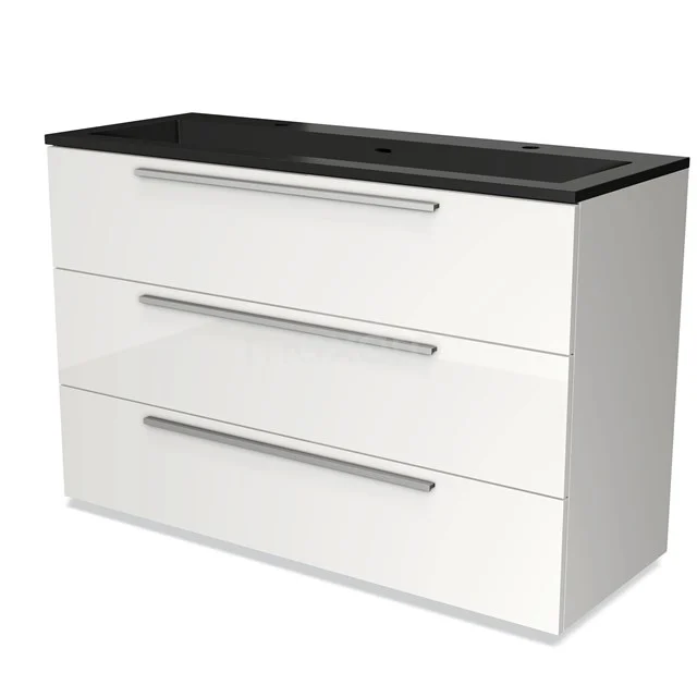 White bathroom unit with three drawers and black basin worktop, modern design, ideal for stylish bathroom storage.