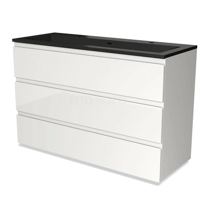 White Bathroom unit with three drawers and black marble basin worktop, sleek and modern design for a contemporary bathroom.