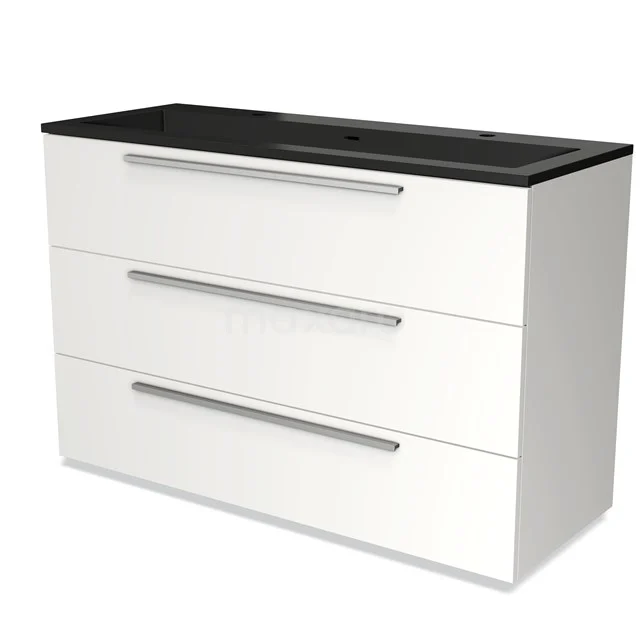 White bathroom unit with three drawers and black basin worktop, modern design, ideal for stylish bathroom storage.