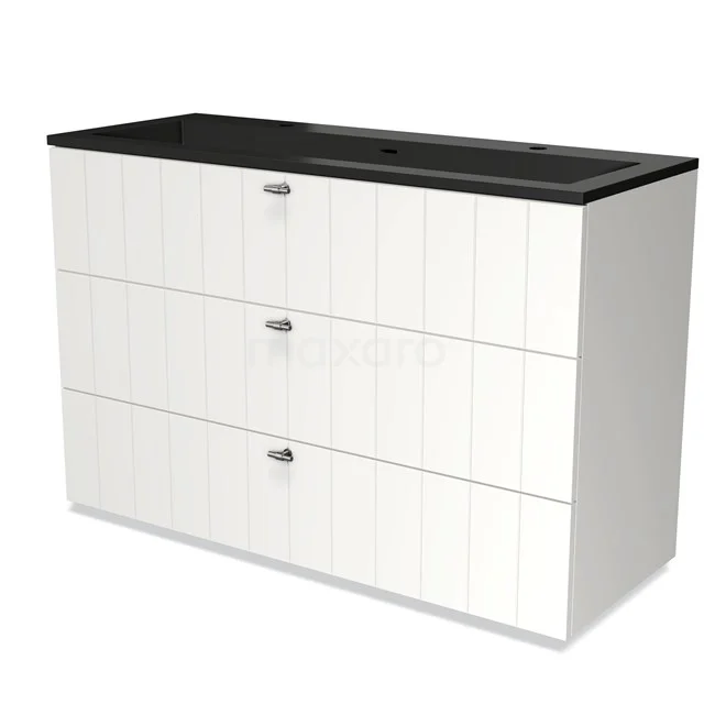 Modulo Bathroom furniture with sink | 120 cm Matte white Slat front Quartz 3 drawers BMW19-02312 White Bathroom unit with black vanity units with basin, three drawers and modern panel design; ideal for stylish and practical bathrooms.