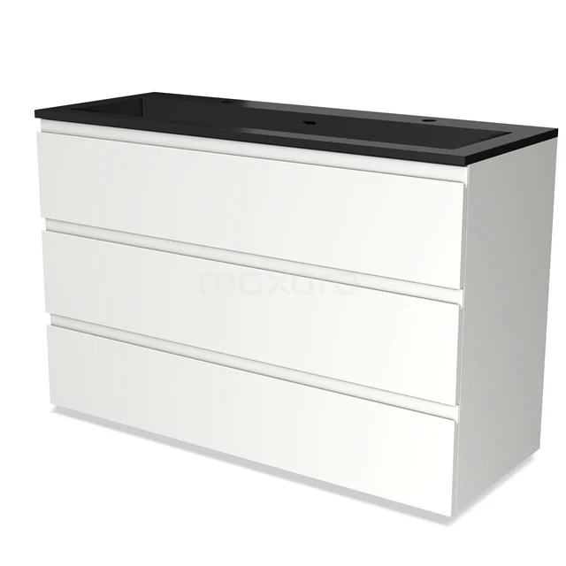 Modulo Bathroom furniture with sink | 120 cm Matte white Handle-less front Quartz 3 drawers BMW19-02313 White bathroom unit with three drawers, black basin worktop and modern design, ideal for stylish bathroom storage.