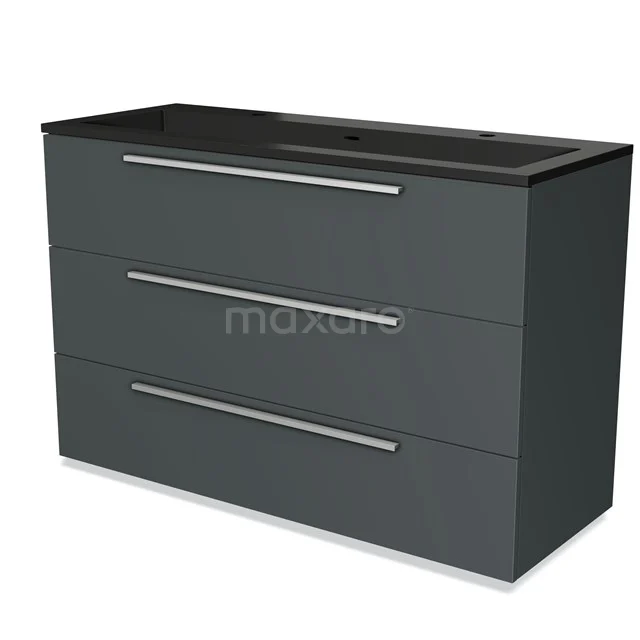 Dark grey bathroom unit with three drawers, black basin worktop, minimalist design and sleek chrome handles.