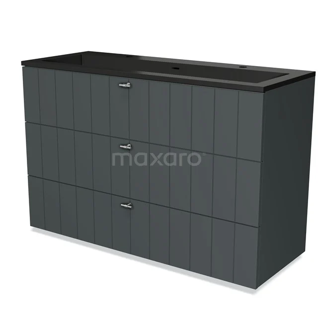 Dark grey bathroom cabinet with three soft-close drawers and black basin, modern design made of durable materials.