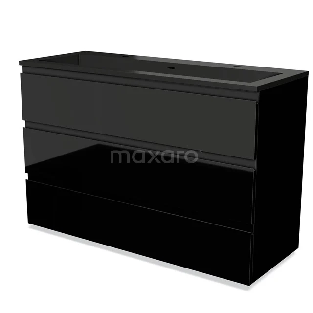 Modulo Vanity units with basin | 120 cm High-gloss black Handle-less front Quartz 3 drawers BMW19-02319 Black bathroom unit with three drawers, glossy finish and modern design for a stylish and functional bathroom interior.