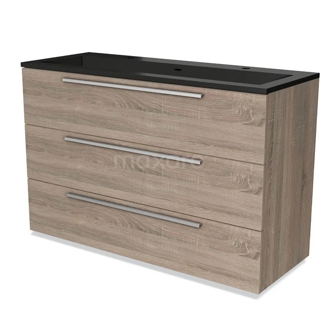 Wooden bathroom unit with three drawers and a black basin worktop, modern design.