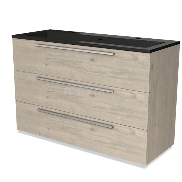 Wooden bathroom unit with black basin worktop, three spacious drawers and modern design. Perfect for a stylish bathroom design.