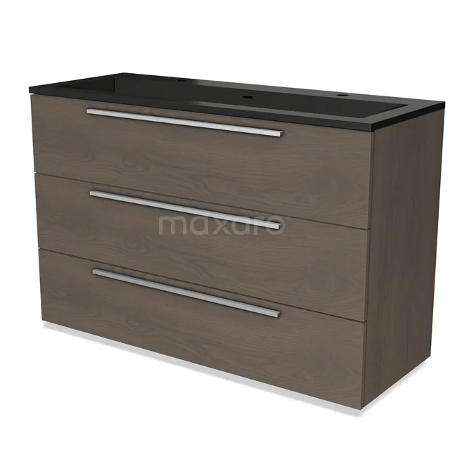 Breiter Badschrank mit dunkler Holzoptik, schwarzem Waschbecken, drei Schubladen und silberfarbenen Griffen, ideal für moderne Bäder.