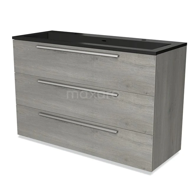 Grey wooden bathroom unit with three drawers, black basin worktop and sleek design. Perfect for modern bathrooms.