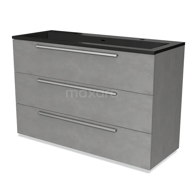 Grey bathroom cabinet with three drawers, modern design, black basin worktop, part of concrete style series.