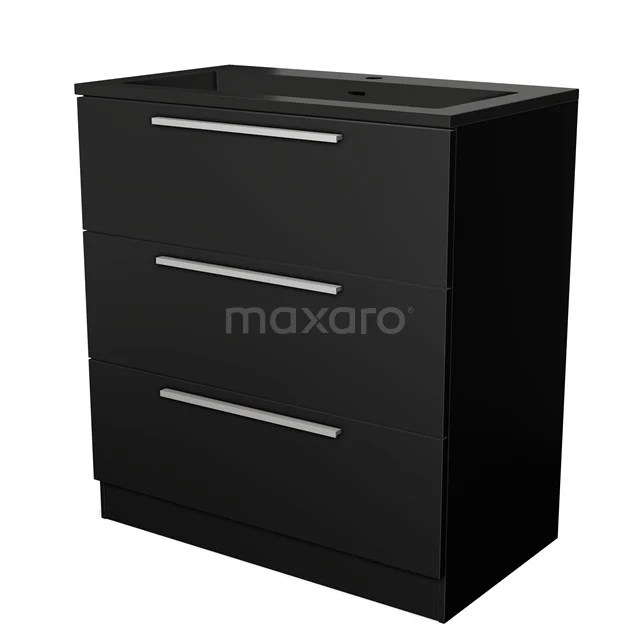 Badmöbel 80cm Modulo Matt Schwarz 3 Schubladen Stehend Flaches Waschbecken Quarz BMW19S-00568 Schwarzer Badschrank mit drei Schubladen und metallischen Haltegriffen, modernes Design, ideal für Stauraum im Badezimmer.