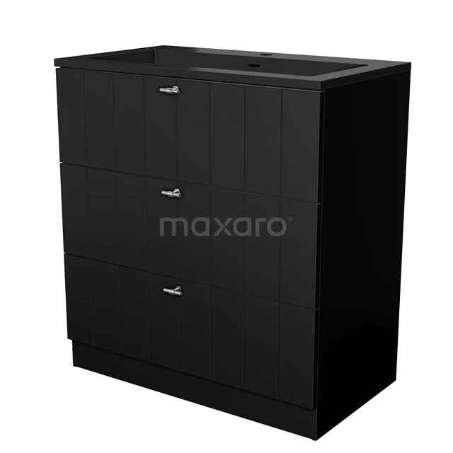 Black bathroom cabinet with three drawers, modern design, glossy finish and integrated basin.