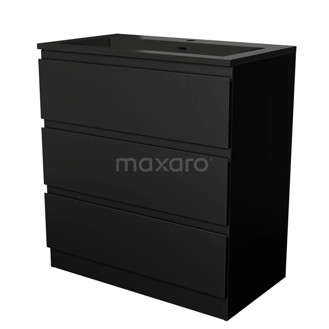Black bathroom cabinet with three drawers, sleek design and matte finish, perfect for modern bathrooms.