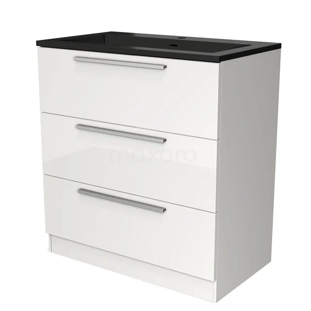 White bathroom unit with three drawers, black metal basin worktop, modern metal handles, sleek design for an organised bathroom.