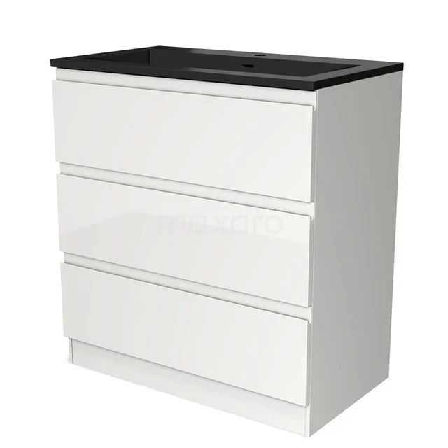 Weißer Badschrank mit drei Schubladen und schwarzer Waschtischplatte, modernes Design und glänzende Oberfläche.